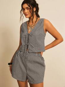 Freevana 2 件套加大码黑白格子系带背心 + 短裤套装，女士服装 2 件套，蝴蝶结上衣，露肩上衣，度假上衣，沙滩，可爱衬衫 - 黑與白 - 查看 1