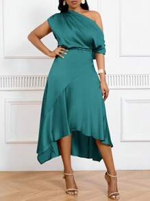 SHEIN Tall CURVE 加大码不对称下摆缎面收腰礼服，优雅晚礼服 - 青碧色 - 查看 8