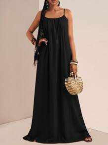 Slaydiva 大码女式夏季纯色褶皱休闲无袖连衣裙