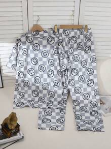 Men's Gray Minimalist Gentlemen Plaid Print Short Sleeve Cardigan And Loose Pants 2-Piece Casual Pajama Set