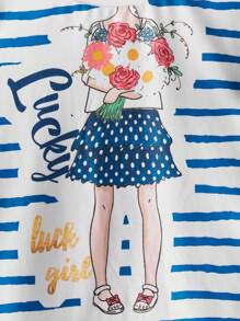 SHEIN Camiseta Com Manga Borboleta Com Impressão De Listras E Figura De Garota Jovem