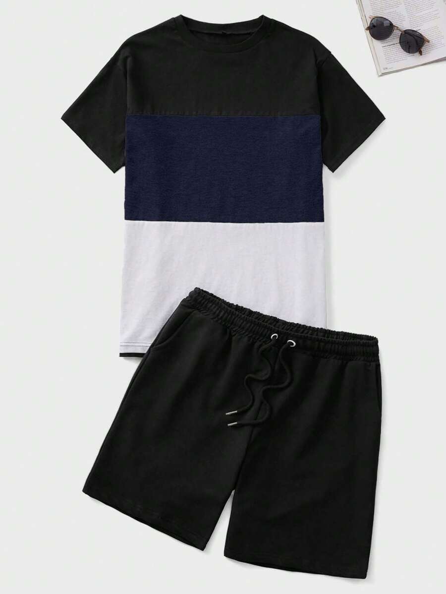 EURMUSE Men's Casual Colorblock T-Shirt And Shorts Set For Summer - Multicolor - View 1