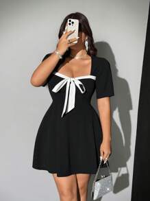 Viva Relle Đầm tay ngắn thắt nút phía trước gợi cảm và thanh lịch cho nữ cỡ lớn - Đen và trắng - Xem 7