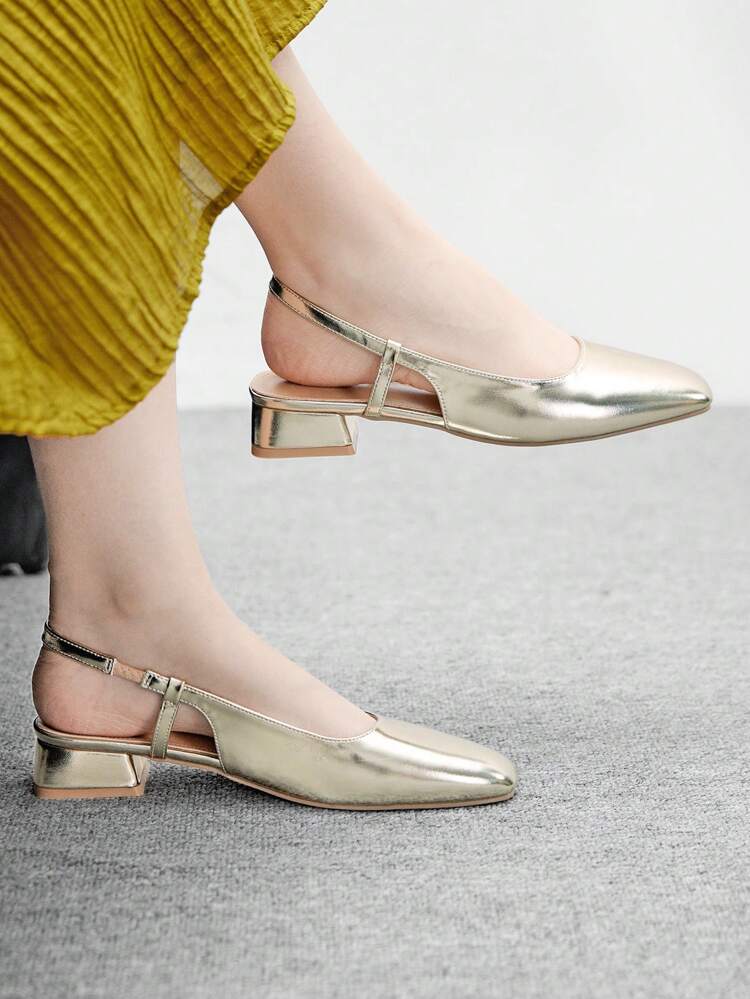 CUCCOO BIZCHIC Women's Round Toe Low Chunky Heel Gold Casual Comfortable All-Match Versatile Slingback Flats Loafers For Christmas Spring Shoes