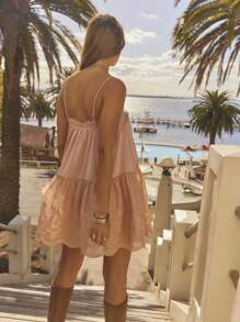 SHEIN Aralina-F Đầm dự tiệc Boho hở eo, thêu ren và vải dệt kim cho kỳ nghỉ đông - Bụi hồng - Xem 2