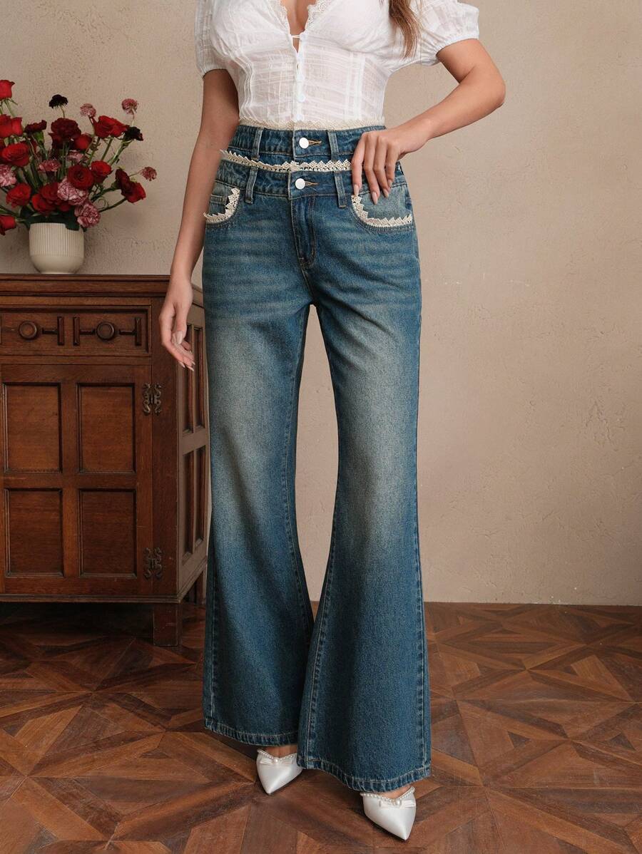 SHEIN Unity Fashion Women Straight Leg Floor Length Denim Jeans - Blue - View 1