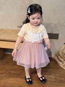 Dazy Kids 2件組女嬰休閒荷葉邊圓領短袖T恤與網紗裙套裝 - 粉色 - 查看 1