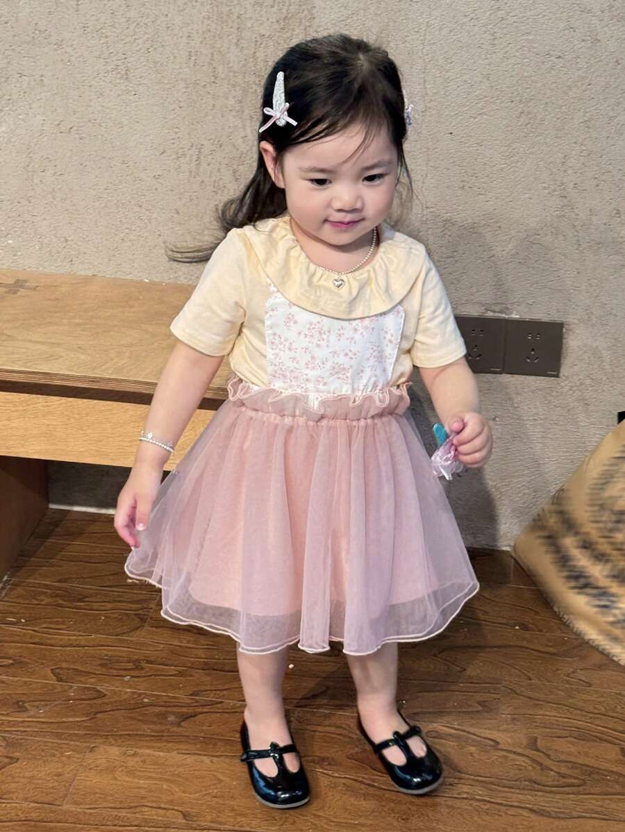 Dazy Kids 2件組女嬰休閒荷葉邊圓領短袖T恤與網紗裙套裝 - 粉色 - 查看 1