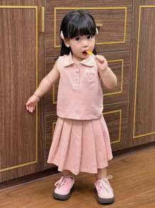 Dazy Kids Toddler Girls' Polo Collar Solid Color Sleeveless Top And Pleated Solid Color Skirt Set - Pink - View 5