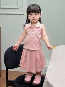 Dazy Kids Toddler Girls' Polo Collar Solid Color Sleeveless Top And Pleated Solid Color Skirt Set - Pink - View 7