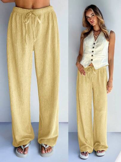 SHEIN Forever 21 Calças retas soltas/textura amarela, confortáveis para uso doméstico/formal/volta às aulas/Halloween/convidado de casamento/férias/Y2K/praia/fofo/professor/para sair/casual de negócios/elegante/aniversário/escritório/show country/clube/western/trabalho/streetwear/vintage/festival/coquetel/rave/baile de formatura/aeroporto/engraçado/básico/brunch/estilo anos 2000/bodycon/estilo antigo/igreja/baile de formatura/elegante/festa/modesto/fairycore/noite de encontro/festival/roupa de resort/baddie/estilo estocolmo/saída à noite