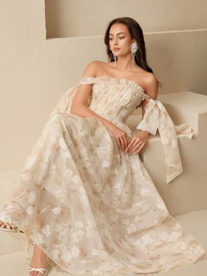 Anewsta Apricot Floral Print Maxi Dress For Women Elegant Off-The-Shoulder Style With Ruffle Sleeves