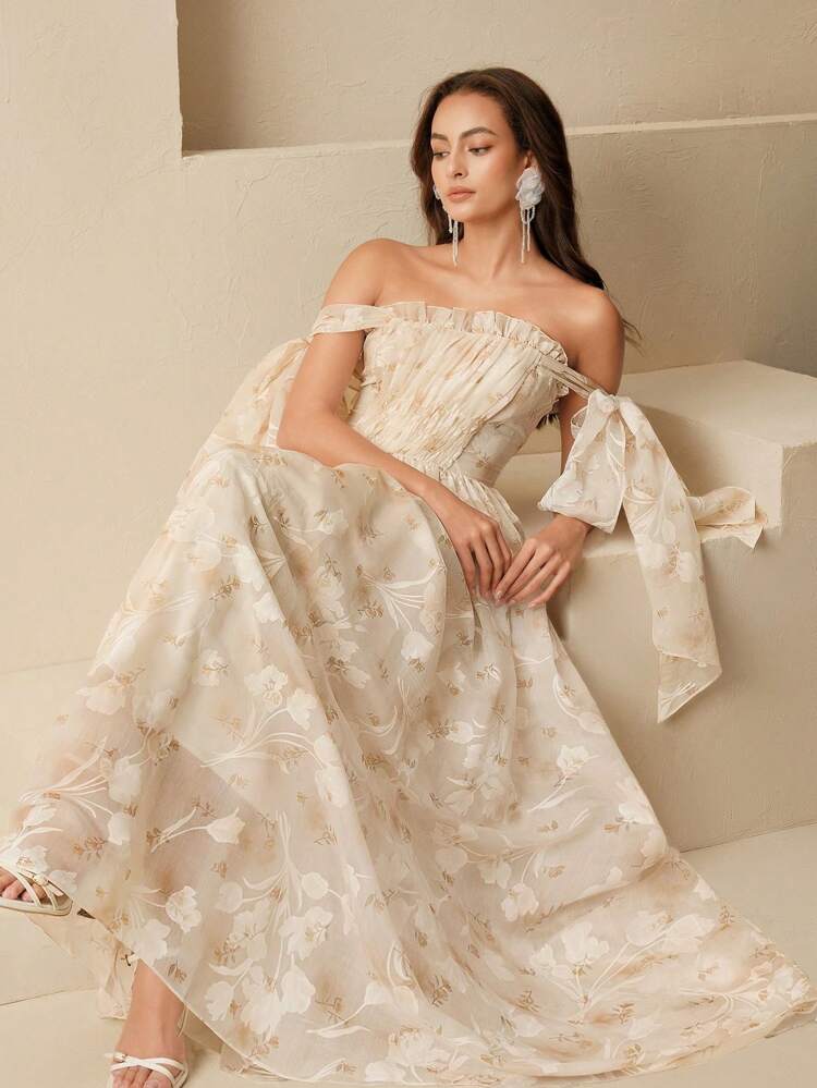 Apricot Floral Print Maxi Dress For Women Elegant Off-The-Shoulder Style With Ruffle Sleeves