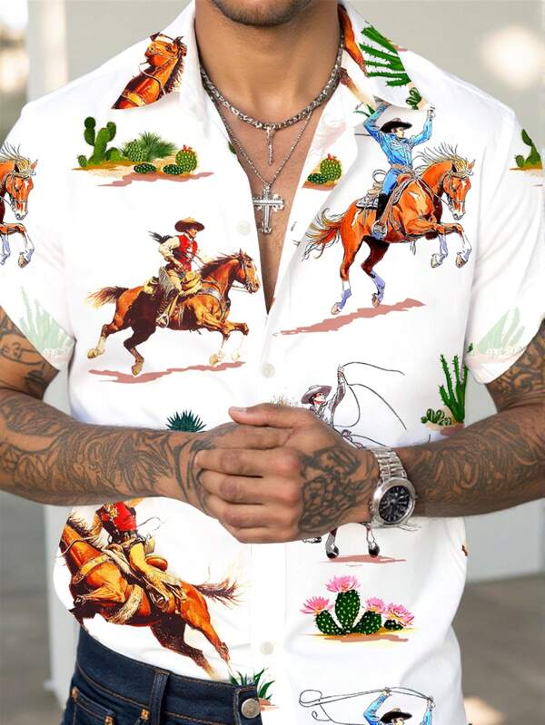 Manfinity RelaxMax Cămașă bărbătească cu mânecă scurtă, stil cowboy din Vestul Sălbatic, călărie, imprimare grafică, casual, guler standard