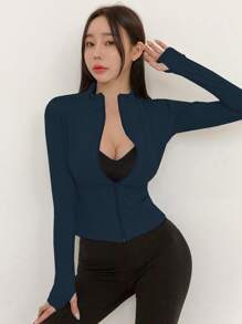 DAZY 女士纯色立领弹力修身长袖夹克，休闲运动，春秋季 - 藏蓝色 - 查看 2