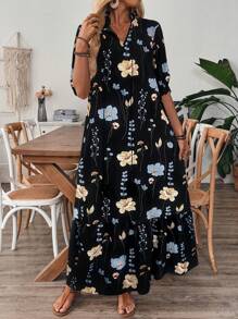 EMERY ROSE V领印花荷叶边下摆休闲假日中长连衣裙（带抽绳）