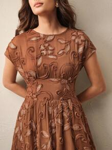 Anewsta 夏季新款复古海滩派对3D刺绣串珠亮片无袖圆领女式连衣裙 - 棕色 - 查看 1