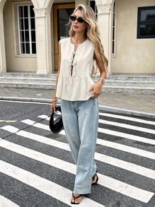 Serisse Women's  Bridgerton Sleeveless Shirt, Simple Vacation Lace Up Short Top, Summer Blouse For Women, Front Lace Up, Lace Up Blouse, Short Sleeve Blouse, Cute Summer Blouse  Wear Women's Solid Color Strap Sleeveless Vacation & Leisure Shirt Earthy Clothes