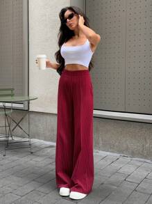 EURMUSE Business Collection, Pinstripe Trousers, Wide-Leg Design, High-Waisted Cut, Vertical Stripe Pattern, Premium Tailored Fabric, Classic Office Style, Elegant Professional Look, Full-Length Cut, Modern Business Wear, Sophisticated Work Attire Burgundy Wide Leg Pants Striped Wide Leg Pants Pinstripe Pants Womens Wide Leg Pants - Burgundy - View 3