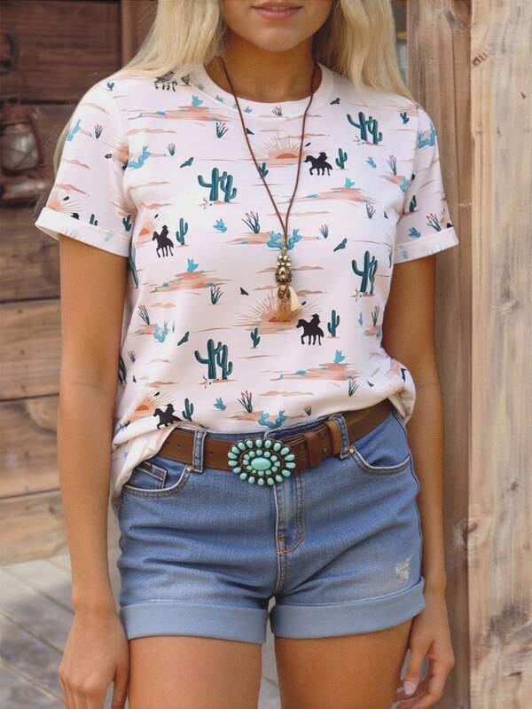 SHEIN EZwear Western Style Cactus Print Round Neck Women T-Shirt