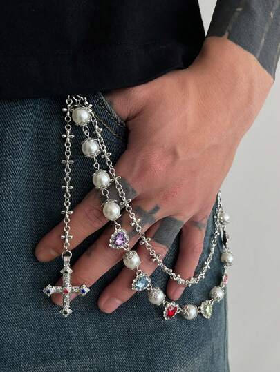 Grunge Punk Hip Hop Style Crystal Cross Decorative Waist Belt Chain, Faux Pearl Embellishment