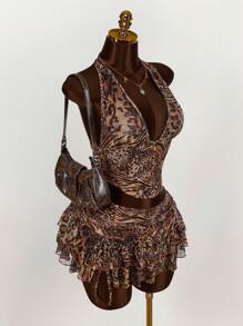 Amplova Women's Halter Backless Leopard Print Tank Top And Fashionable Low Waist Skirt Set - Multicolor - View 1