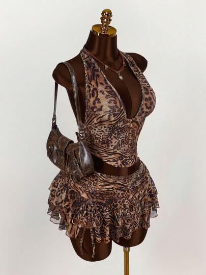 Amplova Women's Halter Backless Leopard Print Tank Top And Fashionable Low Waist Skirt Set