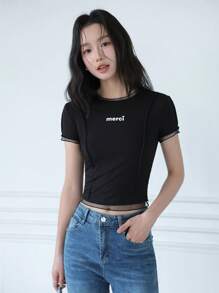 SHEIN EZwear Women's Black Summer Ruffled T-Shirt, Casual Letter Printed T-Shirt, Mesh Stitching Stretch T-Shirt - Burgundy - View 4