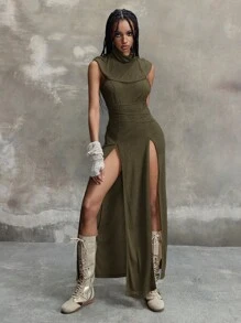 ROMWE Grunge Punk Y2K 千禧年复古末日荒原风格连帽低胸高开衩连衣裙 - 軍綠色 - 查看 3