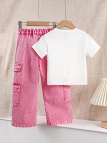 Elladie kids 年轻女孩两件套服装：白色休闲修身圆领短袖 T 恤，带有可爱的蝴蝶贴花设计，粉色休闲宽松多口袋牛仔裤，简单百搭的日常穿着 - 彩色 - 查看 2