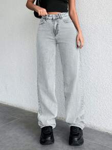 SHEIN Cottnline Women's Loose Straight Leg Jeans With Pockets, Casual & Versatile - Baby Blue - View 4