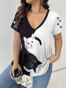 SHEIN LUNE Contrast Color Cat Animal Print Plus Size Short Sleeve T-Shirt