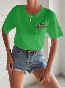 100%Cotton T-Shirt With Flower Embroidery, Round Collar, Pocket Details