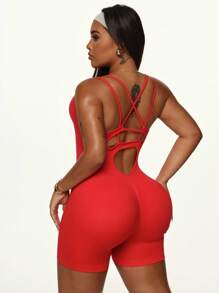 SHEIN Sport Studio Damen Große Größen nahtloser roter Rückenausschnitt Jumpsuit
