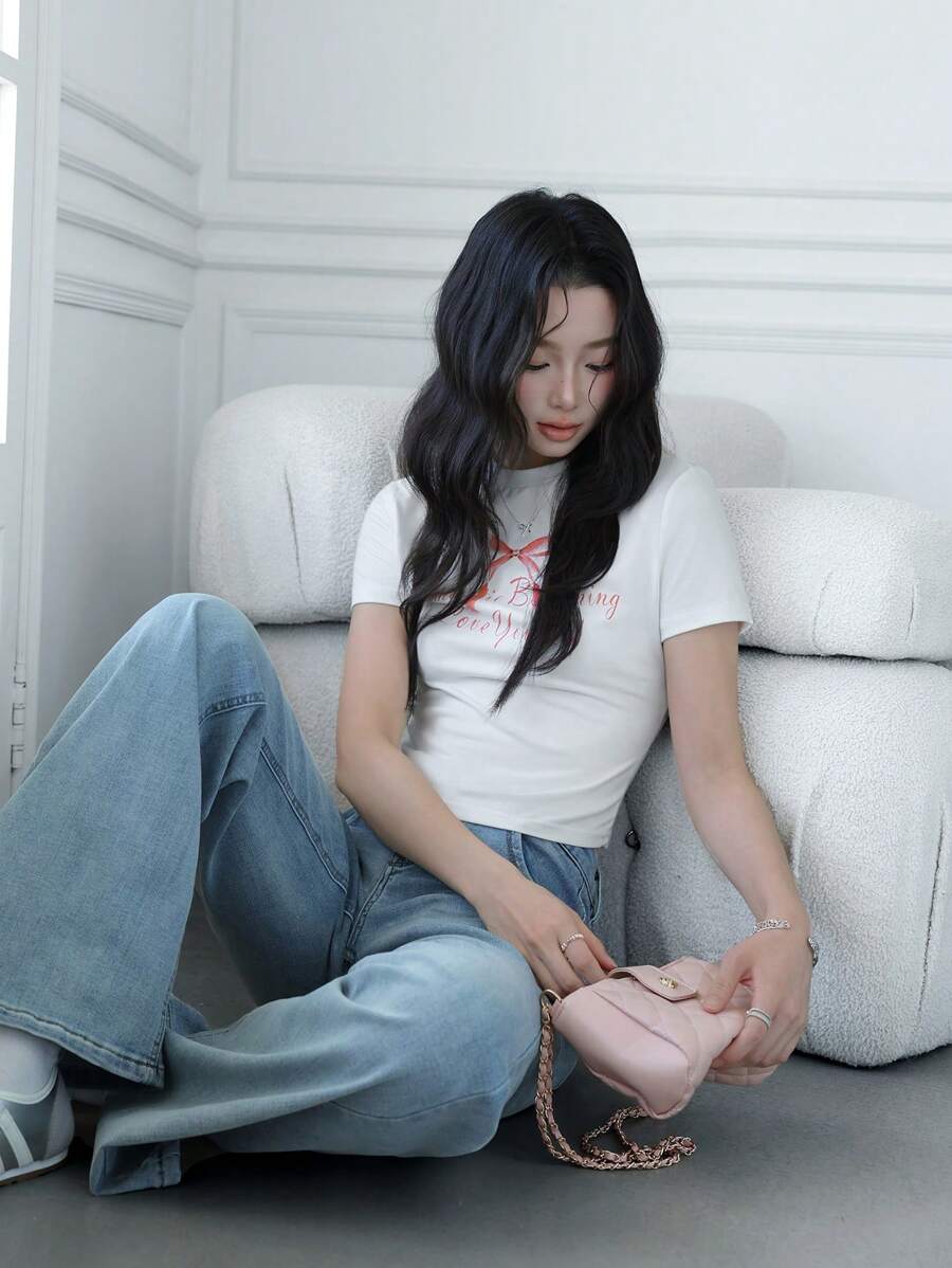 SHEIN EZwear 女士短袖休闲修身弹力 T 恤配蝴蝶结 - 白色