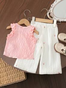 SHEIN 2 件女婴甜美花卉针织提花无袖上衣 + 刺绣阔腿裤套装，夏季 - 粉色 - 查看 2