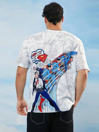 SUPERMAN X SHEIN 卡通图案男士圆领短袖T恤动漫衬衫男士休闲通勤T恤带人物印花