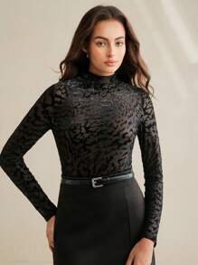 Anewsta 天鹅绒碎花镂空透视长袖修身衬衫 - 黑色 - 查看 5