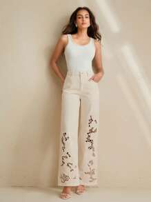 Anewsta Women's Elegant Embroidered Lace Hollow Out White Straight Leg Jeans, Suitable For Valentine's Day, Women's Day, Mother's Day - Mustard Yellow - View 6