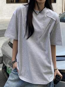 DAZY Kaos Wanita Polos Minimalis Kasual Kerah Bulat Longgar, Kaos Bergambar - Grey - View 4