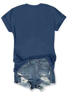 SHEIN LUNE Plus Size Crew Neck Short Sleeve T-Shirt, Fashionable For Summer - Navy Blue - View 2