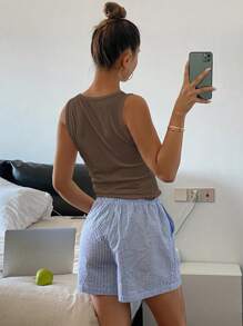 DAZY 纯色罗纹针织背心和条纹休闲短裤休闲套装、家居服、睡衣 - 棕色 - 查看 2