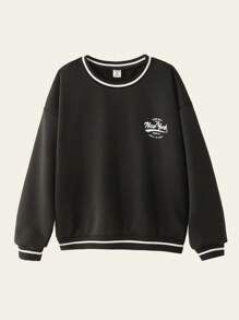 SHEIN Tween Boy New York Letter-Print Long-Sleeved Sweatshirt,Collegiate Style Crew Neck Sportswear,Black And White,Autumn,Streetwear,School,Back-To-School - Black - View 3