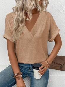 SHEIN LUNE Camiseta feminina casual com decote em V e manga curta, cor sólida, versátil para o verão - Damasco - Ver 6
