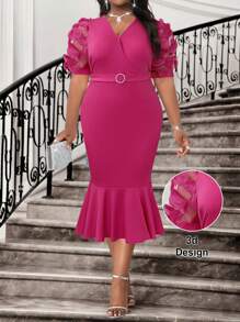 SHEIN Lady Váy midi tay ngắn cỡ lớn màu đỏ hồng cổ bẻ kết hợp thắt lưng đuôi cá cho tiệc cocktail đi làm văn phòng thanh lịch mùa xuân và mùa hè - Màu Hồng Tươi - Xem 4