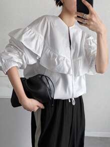 FRIFUL 女士休闲圆领拉链夹克，袖口带荷叶边，下摆带抽绳，百搭 - 白色 - 查看 1