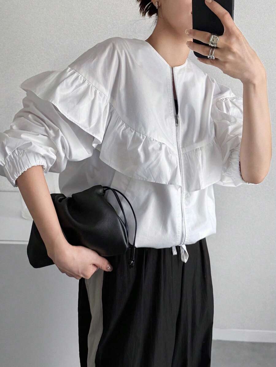 FRIFUL 女士休闲圆领拉链夹克，袖口带荷叶边，下摆带抽绳，百搭 - 白色 - 查看 1