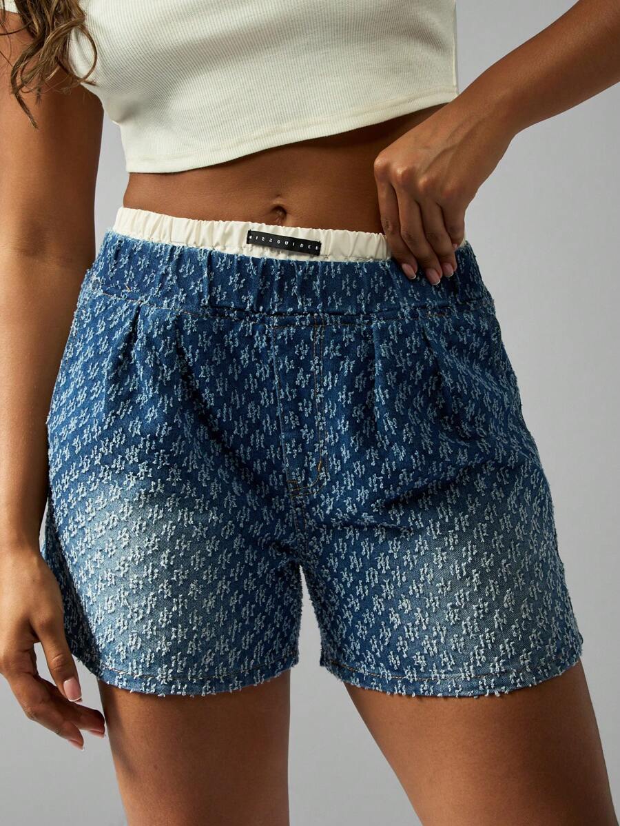 MISSGUIDED Quần short denim họa tiết rách cạp cao co giãn mùa hè lễ hội thường ngày cắt ngắn đi biển đi bộ - Màu xanh lam - Xem 1