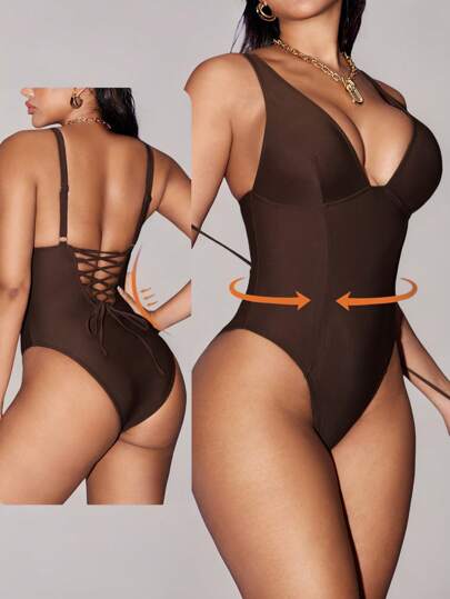Shapewave Tummy Control V-Neck Side Stripe Cutout Plus Size One-Piece Swimsuit, Push Up, Brown Earthy Tone, Elegant Minimalist Design, Slimming, Suitable For Spring & Summer Beach Holiday