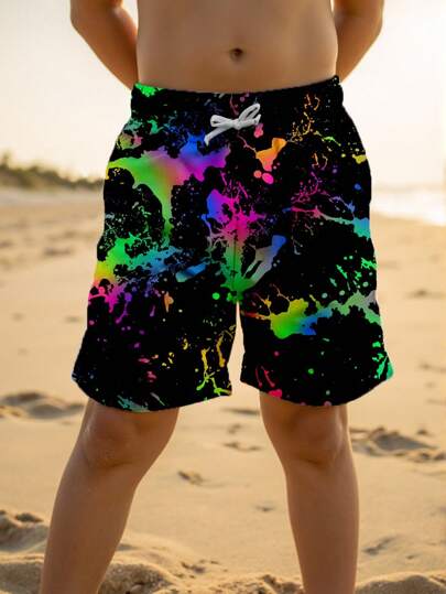 Tween Boy Casual Fashion Graffiti Colorful Pattern Printed Loose Beach Shorts, Suitable For Summer, Beach, Outdoor, Swimming